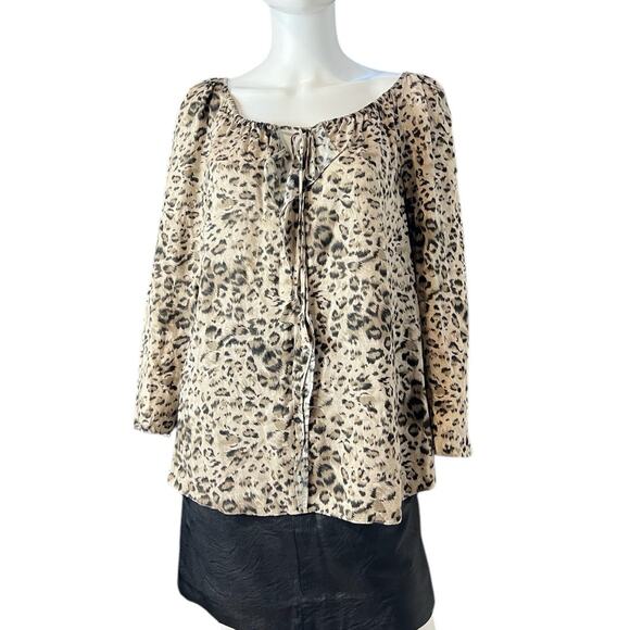 Rebecca Taylor Tan Brown Leopard 3/4 Sleeve Tie Neck Top Size 10 - Picture 1 of 4